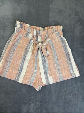 Hummingbird Striped Paperbag Waist Women’s lined Shorts - Peach Multi Sz S